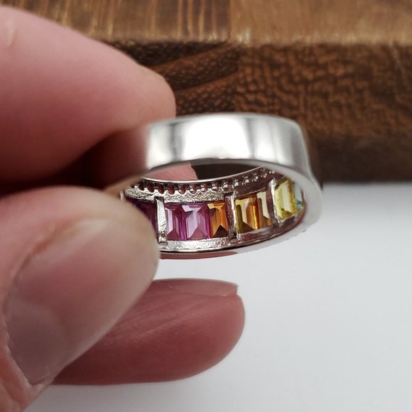 Size 9 925 Sterling Silver Beautiful Colorful Sapphire Gemstones Ring - Picture 7 of 10